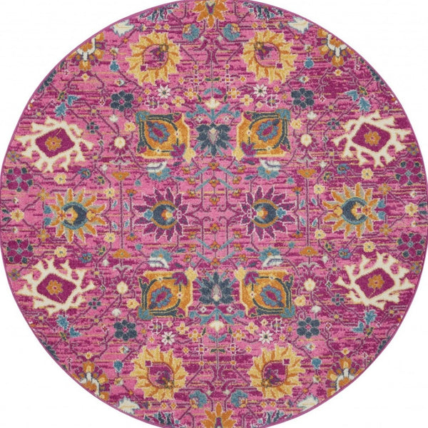 HomeRoots 5' Vibrant Fuchsia and Orange Floral Distressed Area Rug - Chic Design for Modern Home Elegance 5' Round 385195