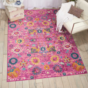 HomeRoots 5' Vibrant Fuchsia and Orange Floral Distressed Area Rug - Chic Design for Modern Home Elegance 7' x 10' 385198