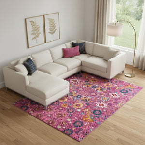HomeRoots 5' Vibrant Fuchsia and Orange Floral Distressed Area Rug - Chic Design for Modern Home Elegance 8' x 10' 385200