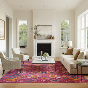 HomeRoots 5' Vibrant Fuchsia and Orange Floral Distressed Area Rug - Chic Design for Modern Home Elegance 8' x 10' 385200