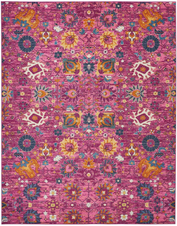 HomeRoots 5' Vibrant Fuchsia and Orange Floral Distressed Area Rug - Chic Design for Modern Home Elegance 8' x 10' 385200