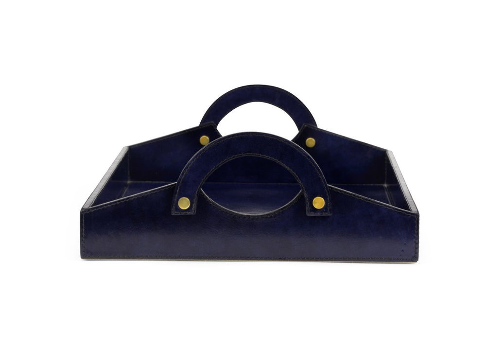 Chelsea House Leather Midnight Blue Tray — Handcrafted Large 21" Leather Organizer With Handles For Entryway Styling 385202