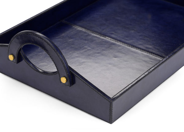 Chelsea House Leather Midnight Blue Tray — Handcrafted Large 21" Leather Organizer With Handles For Entryway Styling 385202