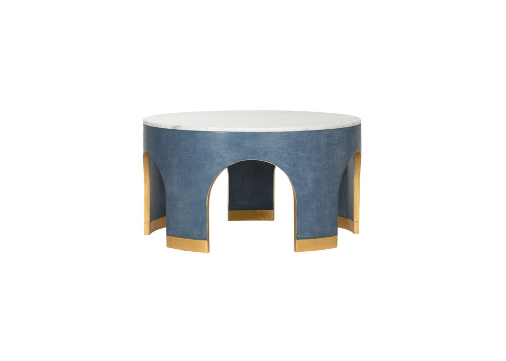 Chelsea House Aqueduct Sculptural Cocktail Table By Elizabeth Wicker — Blue Hemp Base, Marble Top, Antique Gold Accentsaqueduct Sculptural Cocktail Table By Elizabeth Wicker — Blue Hemp Base, Marble Top, Antique Gold Accents 385206