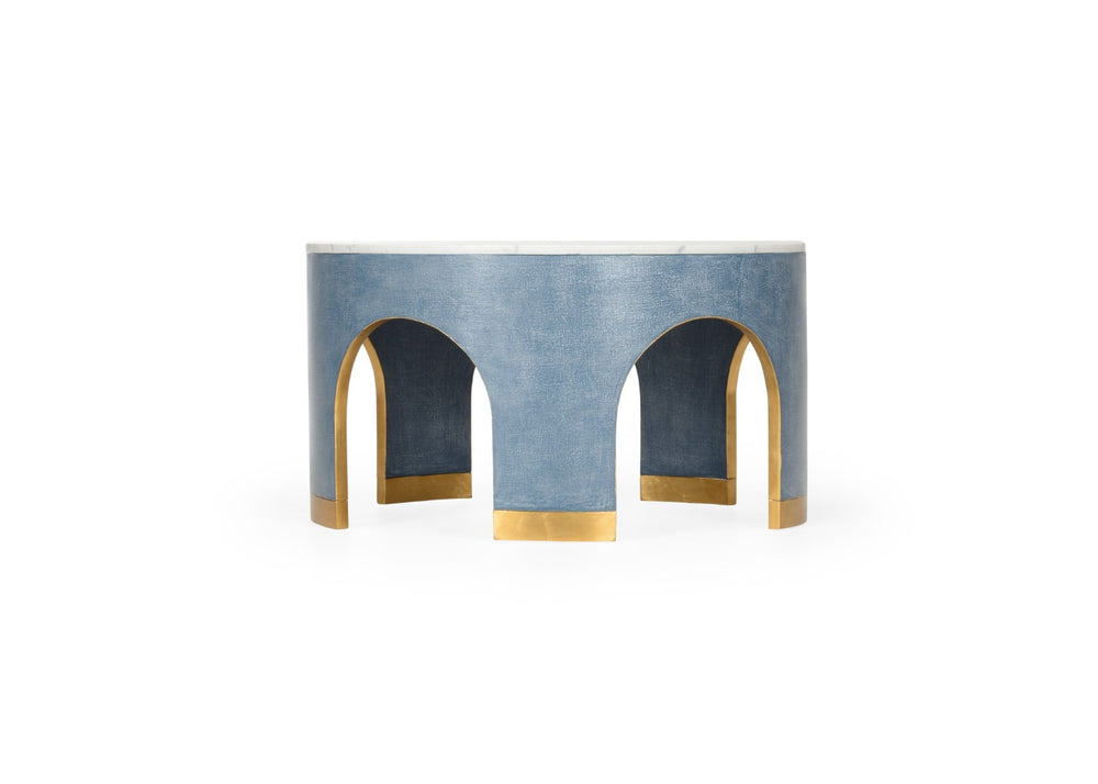 Chelsea House Aqueduct Sculptural Cocktail Table By Elizabeth Wicker — Blue Hemp Base, Marble Top, Antique Gold Accentsaqueduct Sculptural Cocktail Table By Elizabeth Wicker — Blue Hemp Base, Marble Top, Antique Gold Accents 385206