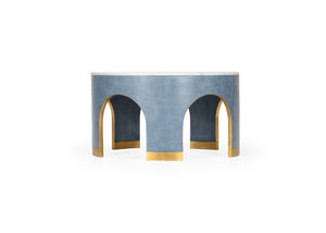 Chelsea House Aqueduct Sculptural Cocktail Table By Elizabeth Wicker — Blue Hemp Base, Marble Top, Antique Gold Accentsaqueduct Sculptural Cocktail Table By Elizabeth Wicker — Blue Hemp Base, Marble Top, Antique Gold Accents 385206