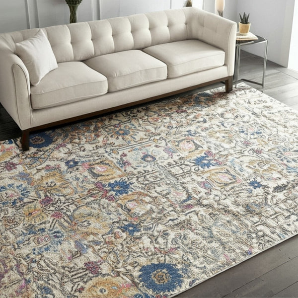 HomeRoots 5' Timeless Ivory and Blue Floral Area Rug - Elegant Design, Durable, Perfect for Any Room Decor 5? x 7? 385211
