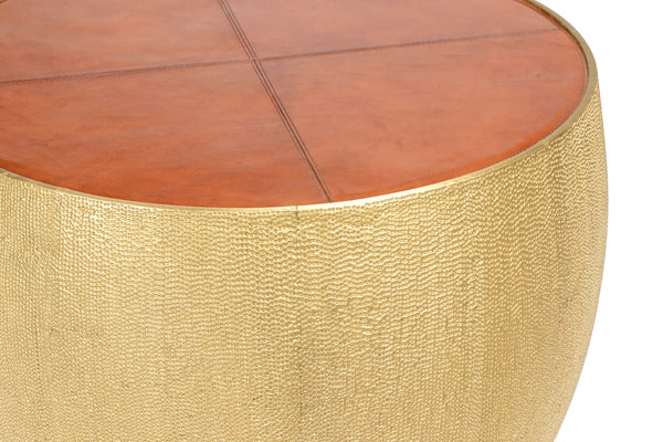Chelsea House Drum Hand-Hammered Brass Accent Table With Cognac Leather Top — Sculptural, Durable Side/Bedside 385212
