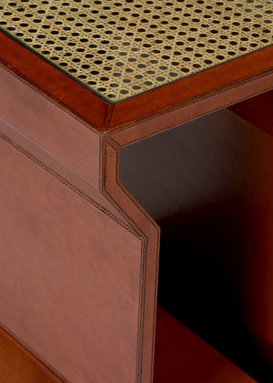 Chelsea House Leather Side Table With Cognac Leather, Woven Cane Top & Beveled Glass — Handcrafted Compact Accent 385213