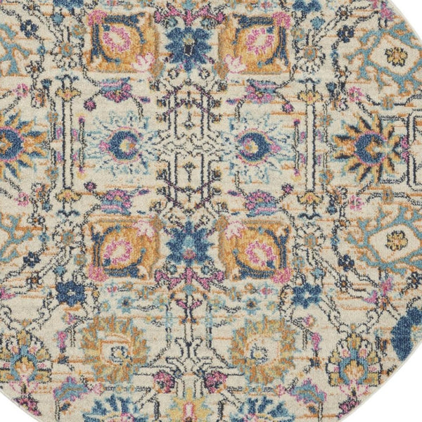 HomeRoots 5' Timeless Ivory and Blue Floral Area Rug - Elegant Design, Durable, Perfect for Any Room Decor 5? Round 385213