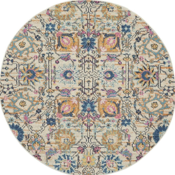HomeRoots 5' Timeless Ivory and Blue Floral Area Rug - Elegant Design, Durable, Perfect for Any Room Decor 5? Round 385213