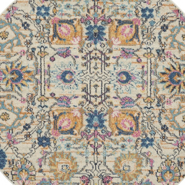 HomeRoots 5' Timeless Ivory and Blue Floral Area Rug - Elegant Design, Durable, Perfect for Any Room Decor 5? Round 385213
