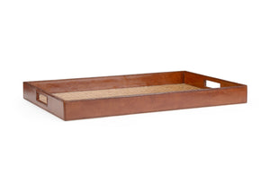 Chelsea House Leather Tray With Handcrafted Cognac Leather, Tempered Glass Cane Inset, 22.5" X 14.5" Elegant Server 385214