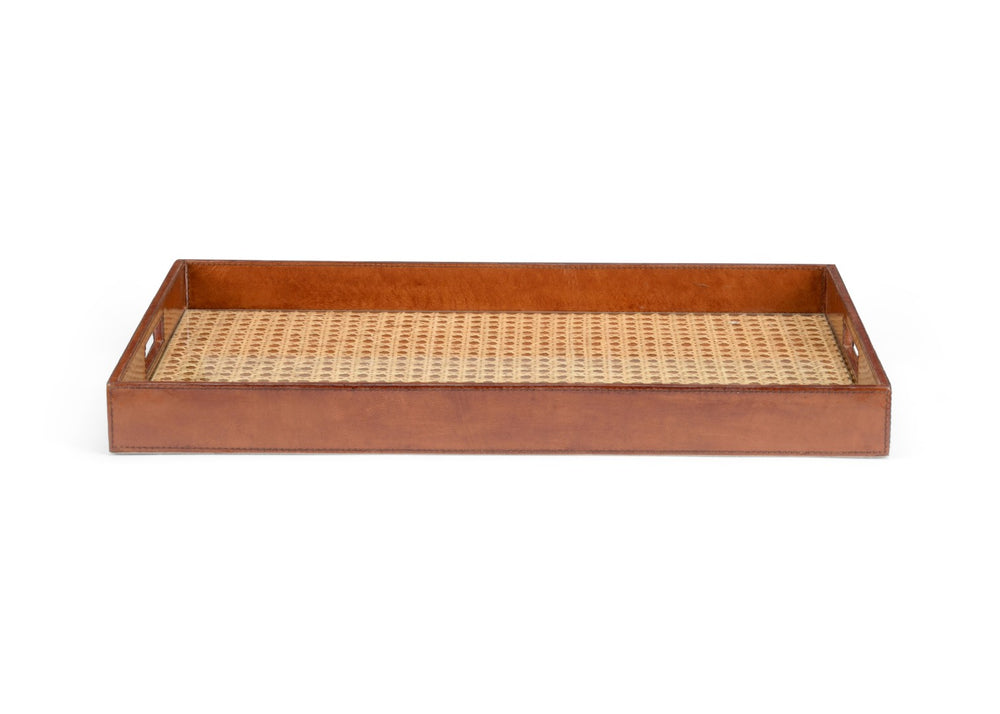 Chelsea House Leather Tray With Handcrafted Cognac Leather, Tempered Glass Cane Inset, 22.5" X 14.5" Elegant Server 385214