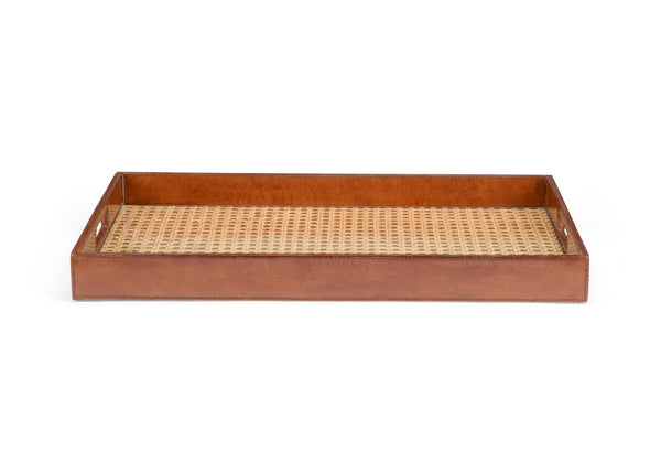 Chelsea House Leather Tray With Handcrafted Cognac Leather, Tempered Glass Cane Inset, 22.5" X 14.5" Elegant Server 385214
