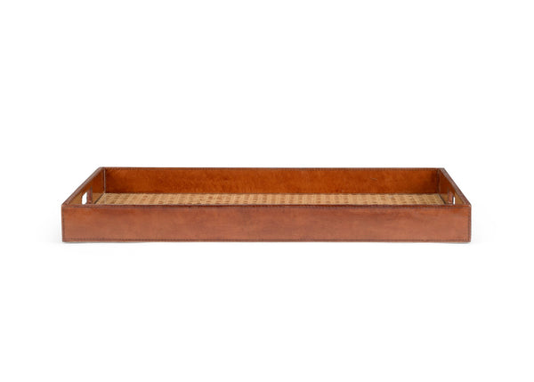 Chelsea House Leather Tray With Handcrafted Cognac Leather, Tempered Glass Cane Inset, 22.5" X 14.5" Elegant Server 385214