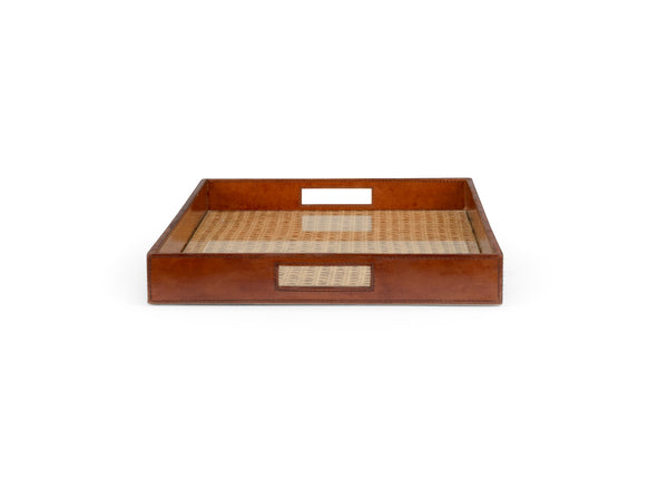 Chelsea House Leather Tray With Handcrafted Cognac Leather, Tempered Glass Cane Inset, 22.5" X 14.5" Elegant Server 385214