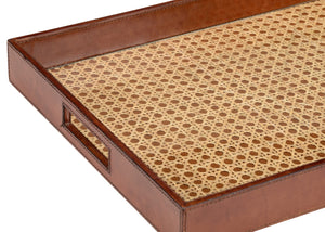 Chelsea House Leather Tray With Handcrafted Cognac Leather, Tempered Glass Cane Inset, 22.5" X 14.5" Elegant Server 385214