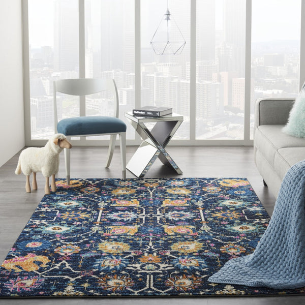 HomeRoots 5' Vibrant Navy Blue Floral Area Rug with Yellow and Pink Accents for Stylish Home Décor Appeal 5? x 7? 385229