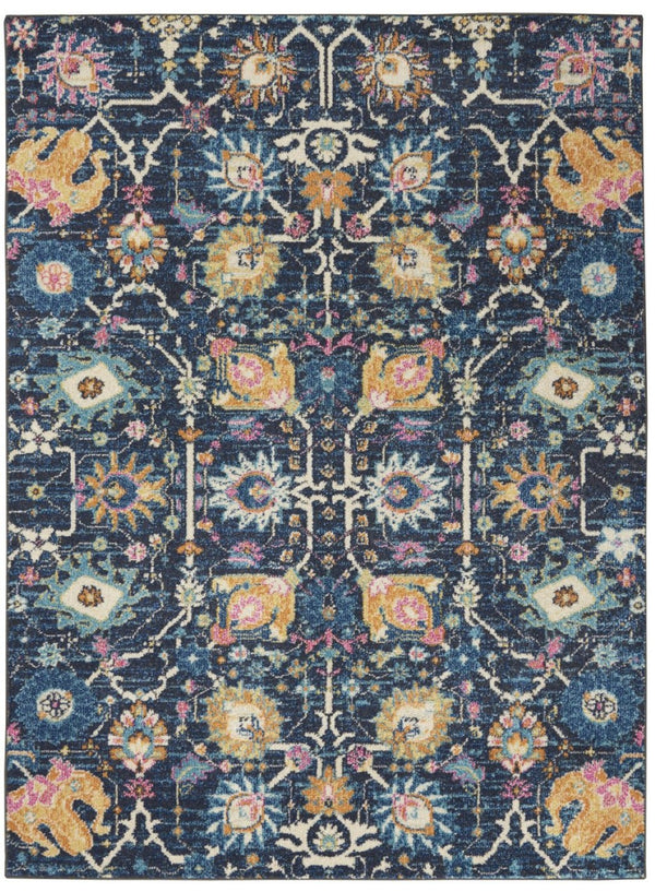 HomeRoots 5' Vibrant Navy Blue Floral Area Rug with Yellow and Pink Accents for Stylish Home Décor Appeal 5? x 7? 385229