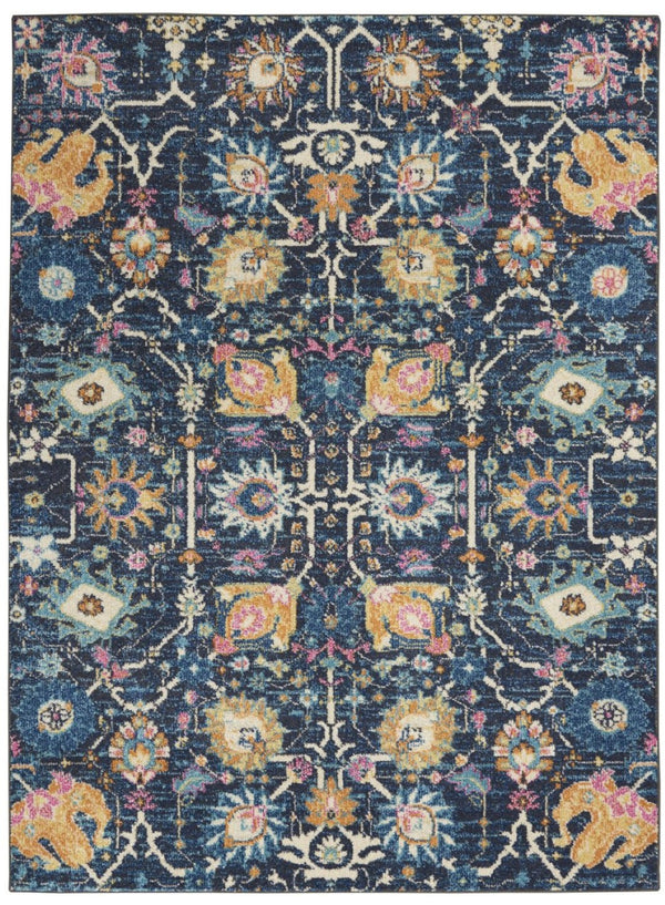 HomeRoots 5' Vibrant Navy Blue Floral Area Rug with Yellow and Pink Accents for Stylish Home Décor Appeal 5? x 7? 385229