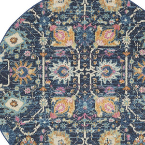 HomeRoots 5' Vibrant Navy Blue Floral Area Rug with Yellow and Pink Accents for Stylish Home Décor Appeal 5' Round Round 385237