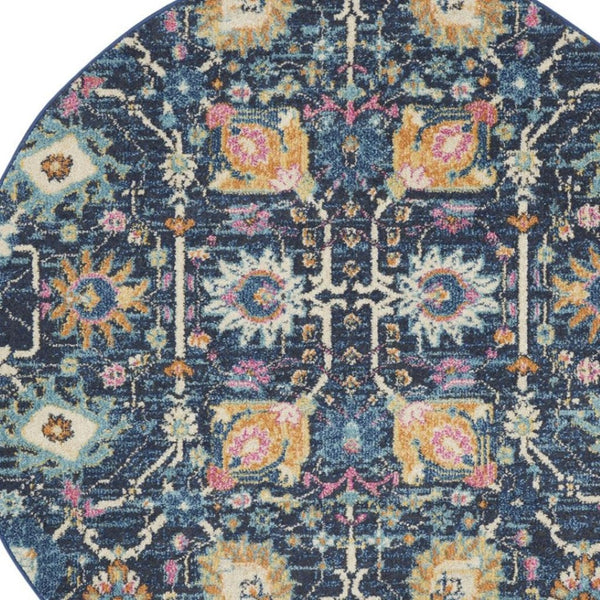 HomeRoots 5' Vibrant Navy Blue Floral Area Rug with Yellow and Pink Accents for Stylish Home Décor Appeal 5' Round Round 385237