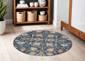 HomeRoots 5' Vibrant Navy Blue Floral Area Rug with Yellow and Pink Accents for Stylish Home Décor Appeal 5' Round Round 385237