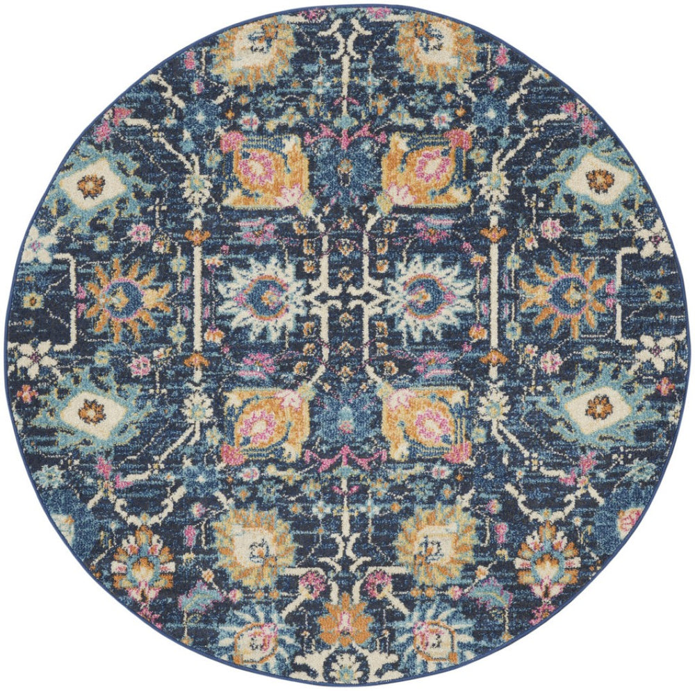 HomeRoots 5' Vibrant Navy Blue Floral Area Rug with Yellow and Pink Accents for Stylish Home Décor Appeal 5' Round Round 385237