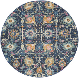 HomeRoots 5' Vibrant Navy Blue Floral Area Rug with Yellow and Pink Accents for Stylish Home Décor Appeal 5' Round Round 385237