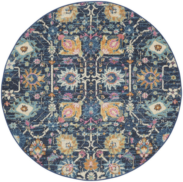 HomeRoots 5' Vibrant Navy Blue Floral Area Rug with Yellow and Pink Accents for Stylish Home Décor Appeal 5' Round Round 385237