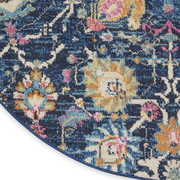 HomeRoots 5' Vibrant Navy Blue Floral Area Rug with Yellow and Pink Accents for Stylish Home Décor Appeal 5' Round Round 385237