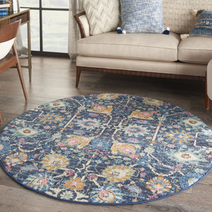 HomeRoots 5' Vibrant Navy Blue Floral Area Rug with Yellow and Pink Accents for Stylish Home Décor Appeal 5' Round Round 385237