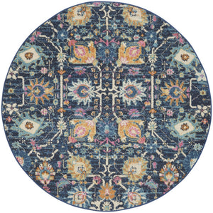 HomeRoots 5' Vibrant Navy Blue Floral Area Rug with Yellow and Pink Accents for Stylish Home Décor Appeal 5' Round Round 385237