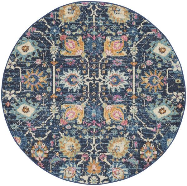 HomeRoots 5' Vibrant Navy Blue Floral Area Rug with Yellow and Pink Accents for Stylish Home Décor Appeal 5' Round Round 385237
