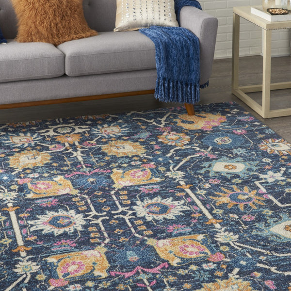 HomeRoots 5' Vibrant Navy Blue Floral Area Rug with Yellow and Pink Accents for Stylish Home Décor Appeal 7' X 10' Rectangle 385238
