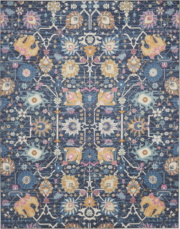 HomeRoots 5' Vibrant Navy Blue Floral Area Rug with Yellow and Pink Accents for Stylish Home Décor Appeal 7' X 10' Rectangle 385238