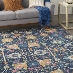 HomeRoots 5' Vibrant Navy Blue Floral Area Rug with Yellow and Pink Accents for Stylish Home Décor Appeal 8' X 10' Rectangle 385239