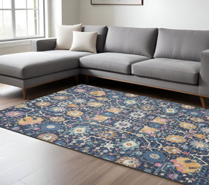 HomeRoots 5' Vibrant Navy Blue Floral Area Rug with Yellow and Pink Accents for Stylish Home Décor Appeal 8' X 10' Rectangle 385239