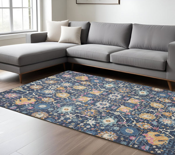 HomeRoots 5' Vibrant Navy Blue Floral Area Rug with Yellow and Pink Accents for Stylish Home Décor Appeal 8' X 10' Rectangle 385239