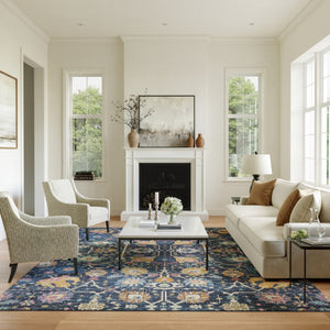 HomeRoots 5' Vibrant Navy Blue Floral Area Rug with Yellow and Pink Accents for Stylish Home Décor Appeal 8' X 10' Rectangle 385239