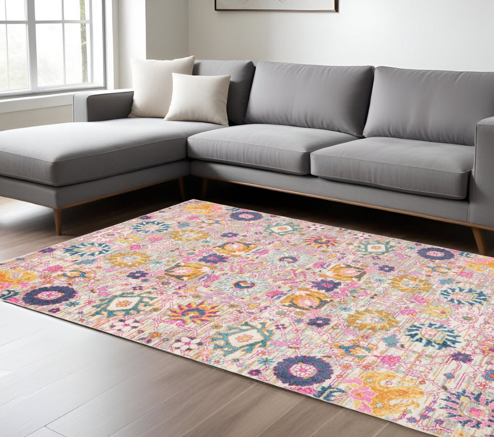 HomeRoots 7' Silver Gray and Pink Floral Distressed Area Rug - Timeless Elegance for Modern Living Spaces 7' X 10' 385242