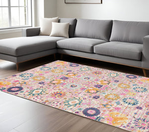 HomeRoots 7' Silver Gray and Pink Floral Distressed Area Rug - Timeless Elegance for Modern Living Spaces 7' X 10' 385242