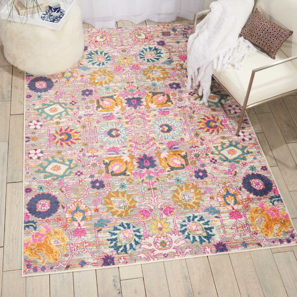 HomeRoots 7' Silver Gray and Pink Floral Distressed Area Rug - Timeless Elegance for Modern Living Spaces 7' X 10' 385242