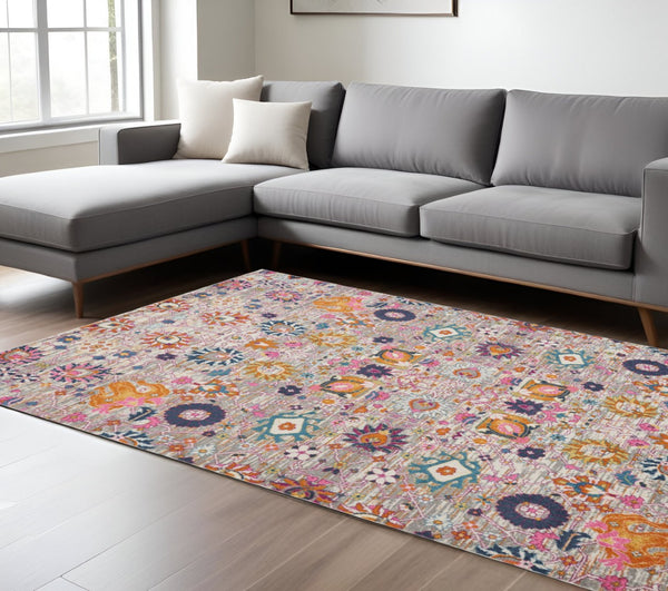 HomeRoots 7' Silver Gray and Pink Floral Distressed Area Rug - Timeless Elegance for Modern Living Spaces 8' X 10' 385243