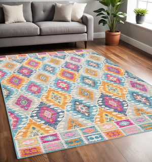 HomeRoots 5' Transitional Gray-Blue and Orange Ogee Distressed Area Rug for Living Room and Bedroom Décor 5? x 7? 385247