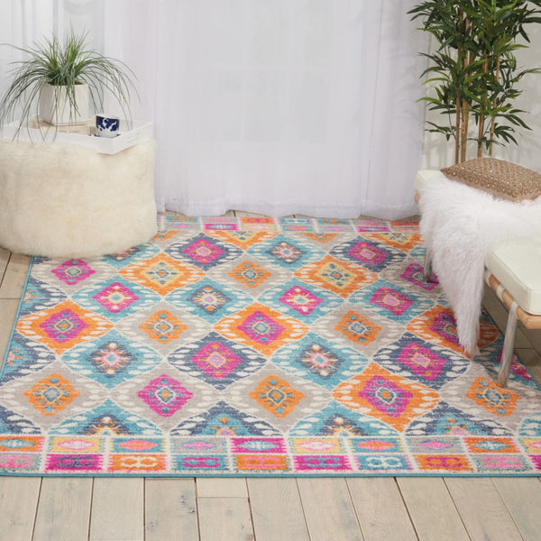 HomeRoots 5' Transitional Gray-Blue and Orange Ogee Distressed Area Rug for Living Room and Bedroom Décor 5? x 7? 385247