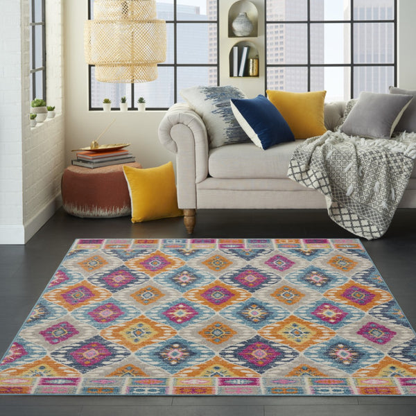 HomeRoots 5' Transitional Gray-Blue and Orange Ogee Distressed Area Rug for Living Room and Bedroom Décor 5? x 7? 385247