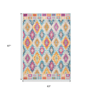 HomeRoots 5' Transitional Gray-Blue and Orange Ogee Distressed Area Rug for Living Room and Bedroom Décor 5? x 7? 385247