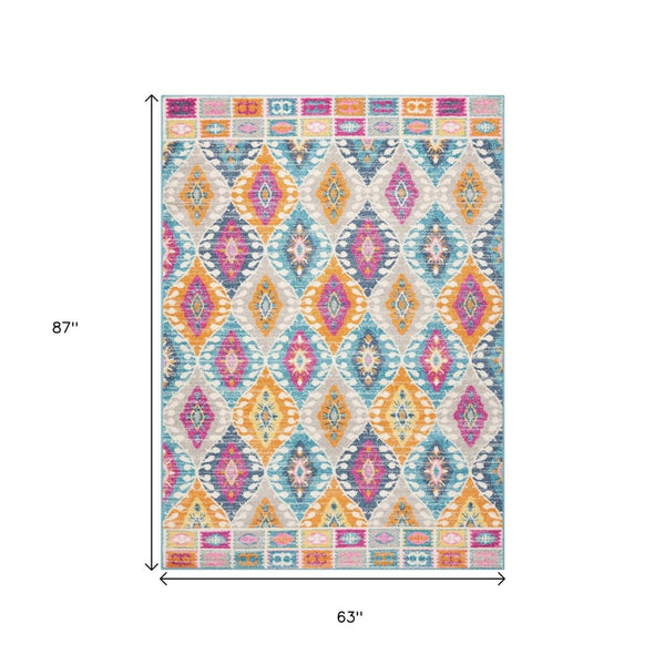 HomeRoots 5' Transitional Gray-Blue and Orange Ogee Distressed Area Rug for Living Room and Bedroom Décor 5? x 7? 385247